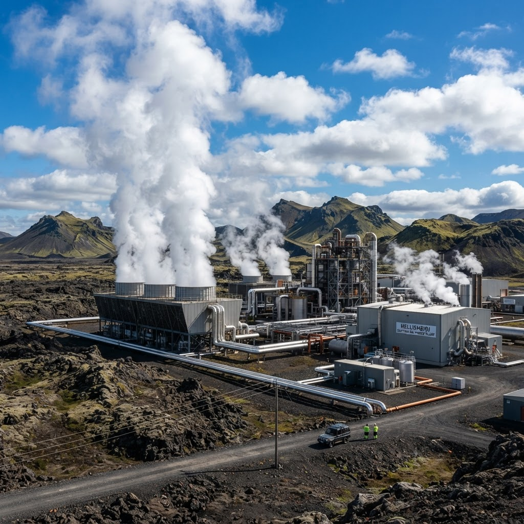 Geothermal power plant with steam plumes