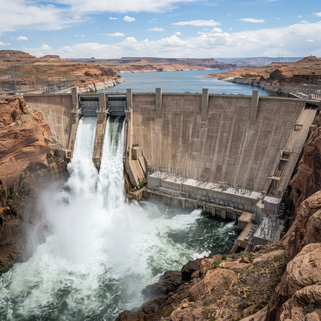 Hydroelectric dam with spillways